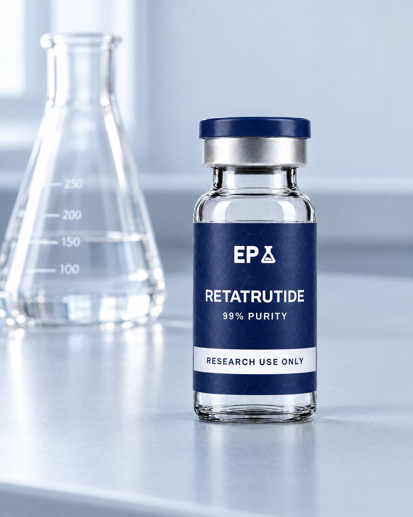 An Essential Peptides Au Retatrutide vial on a laboratory bench beside a glass Erlenmeyer flask